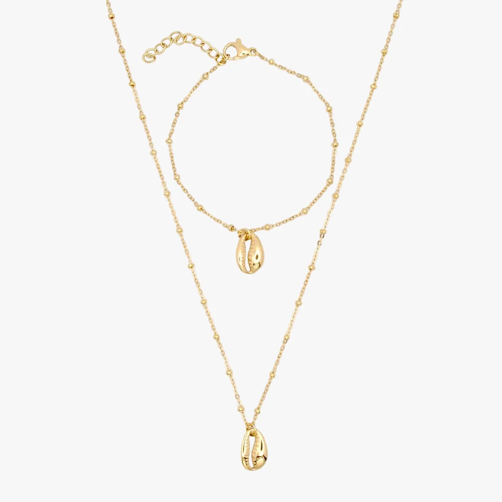 Kaurimuschel Set – Kette & Armband aus Edelstahl – wasserfest