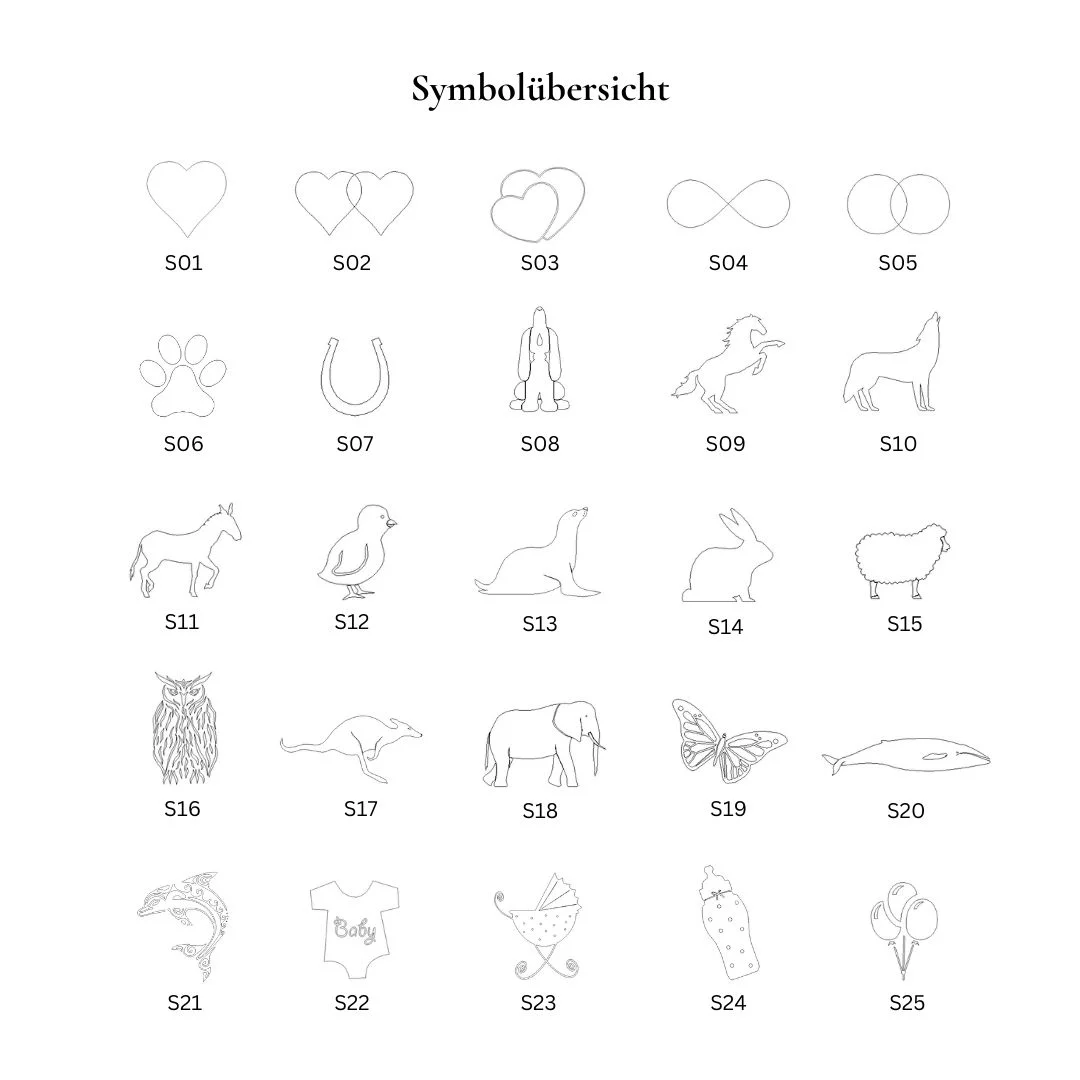 Symbolbeispiele für Gravuren auf der Edelstahlkette: Herz, Sternzeichen und weitere Motive
