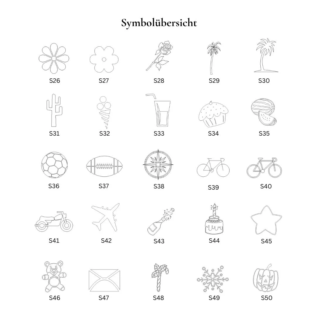 Zusätzliche Gravur-Symbole für die Edelstahlkette: minimalistische Motive zur Auswahl