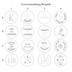 Verschiedene Gravurbeispiele für die Plättchen-Kette: Initialen, Daten und kurze Botschaften