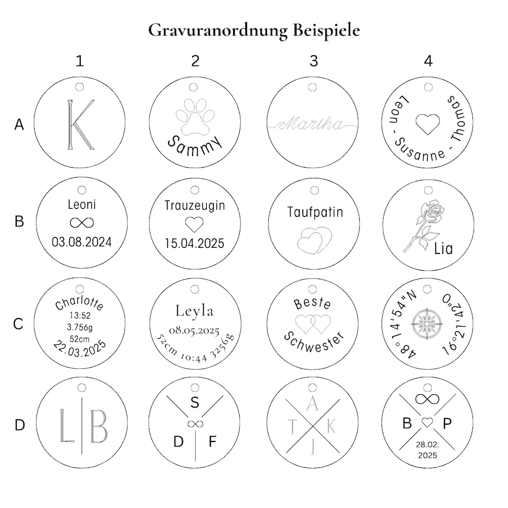 Verschiedene Gravurbeispiele für die Plättchen-Kette: Initialen, Daten und kurze Botschaften